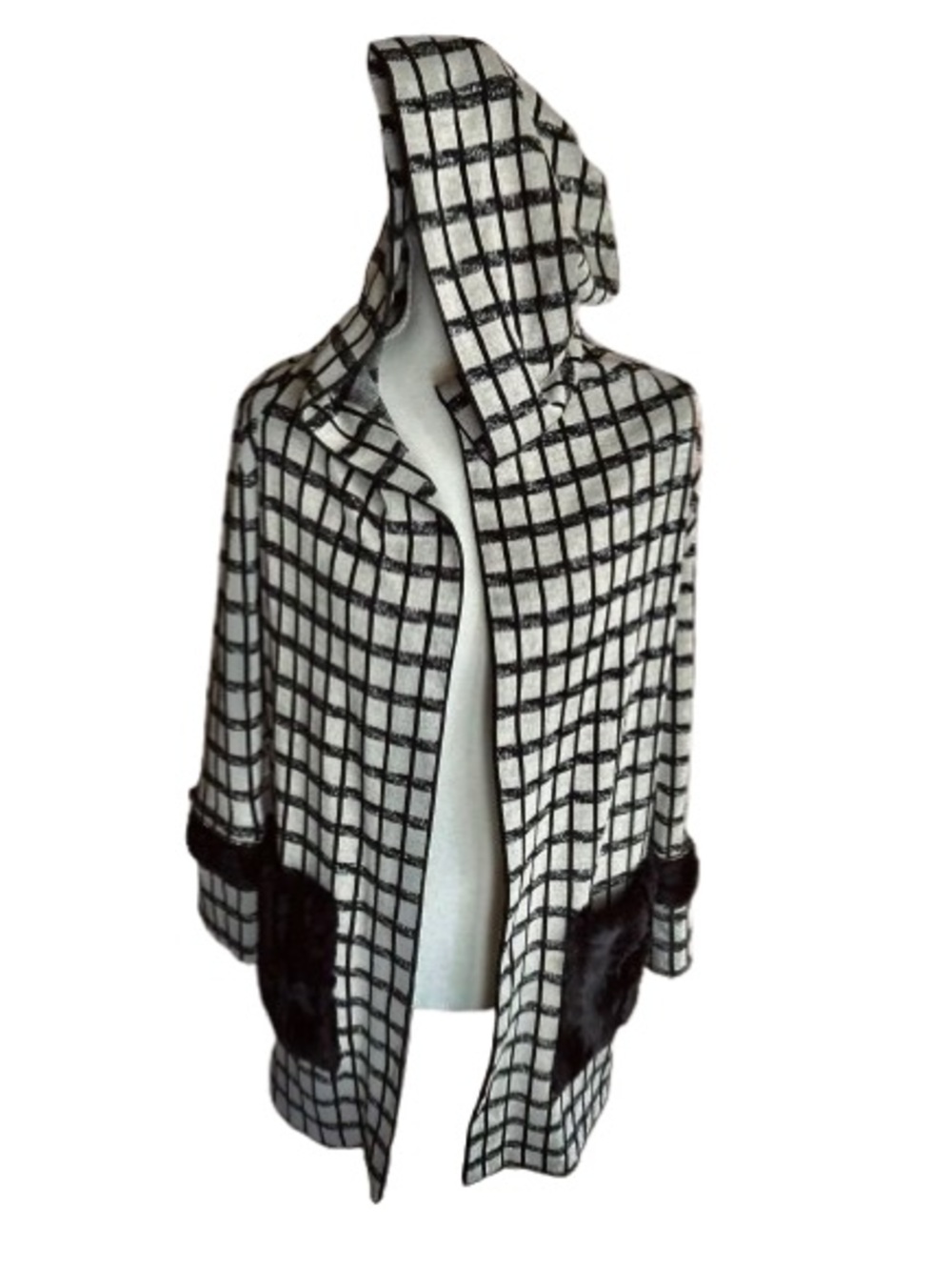 Vintage Hoodie FRANK LYMAN Extra Small Silver Faux fur Designer Open Cardigan